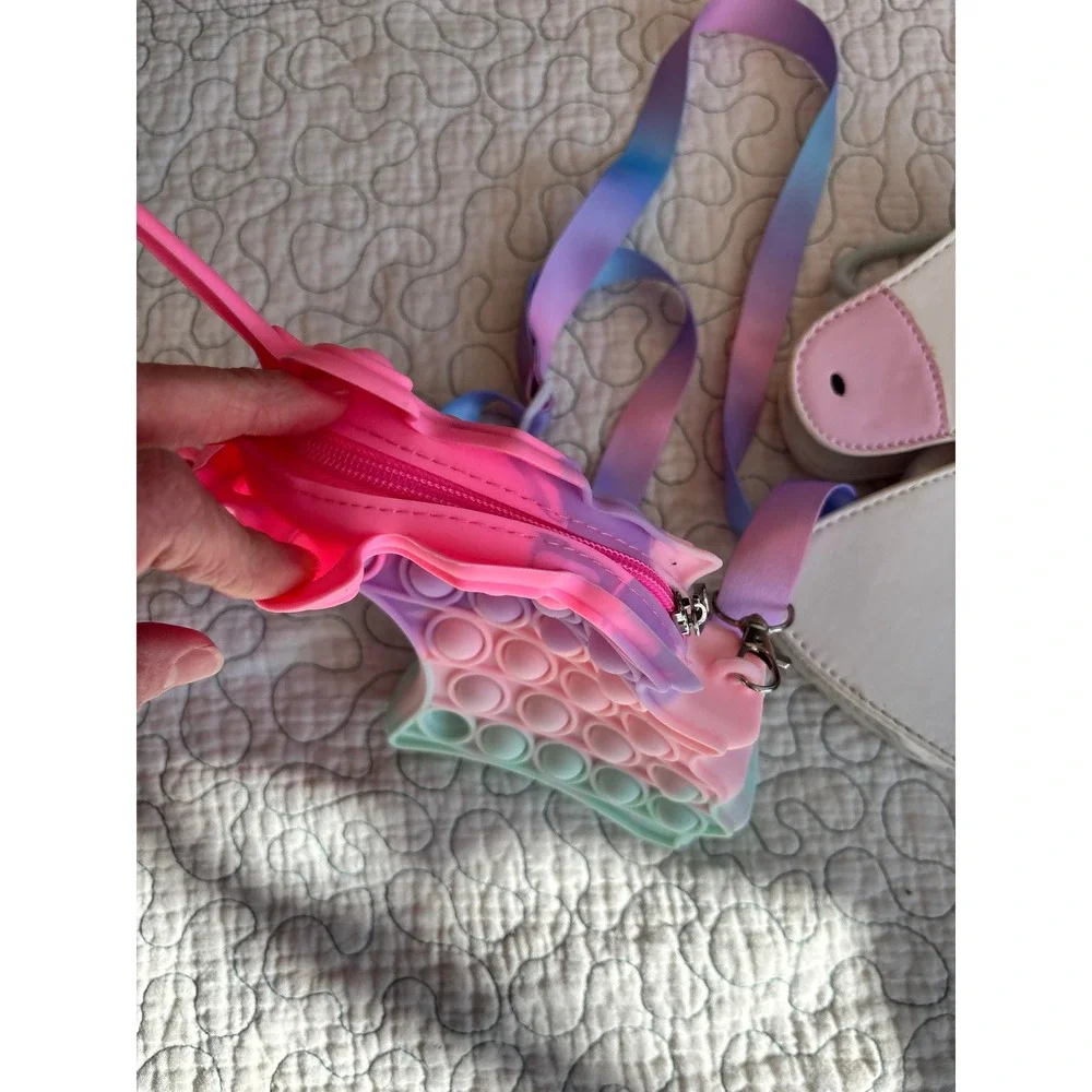 Unicorn Purses Pop It Fidget Crossbody Bag Rainbow Pom Pom‎ White